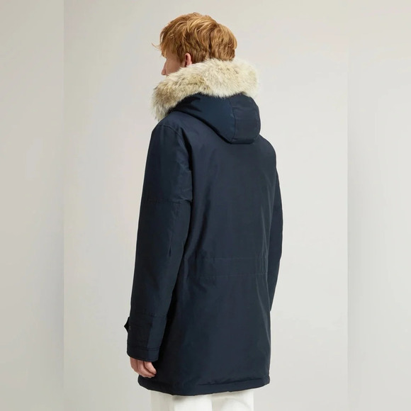 Woolrich Polar Parka in Ramar Cloth with High Collar and Fur Trim in Melton Blue - Picture 4 of 16